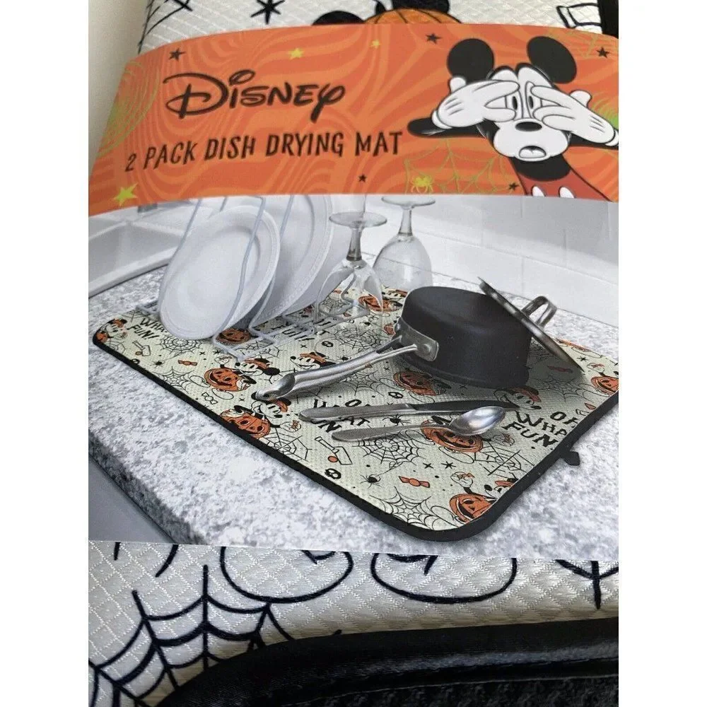 2 Pk Disney Mickey Mouse Halloween Drying Mat 16”x18” Pumpkins Spider Webs Candy